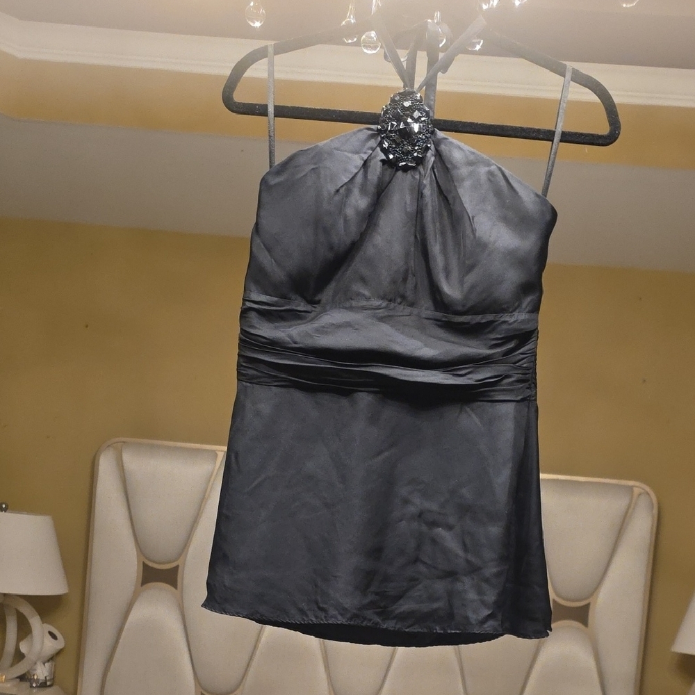 White House Black Market Silk Black Beaded Halter Camisole Size 6
